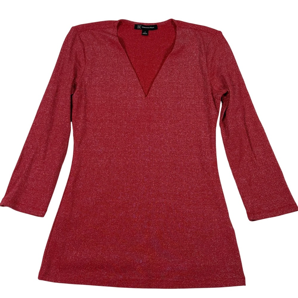 Sparkly Small V Neck Knit Tunic Top Glam Party Festive Holiday Shimmer Metallic